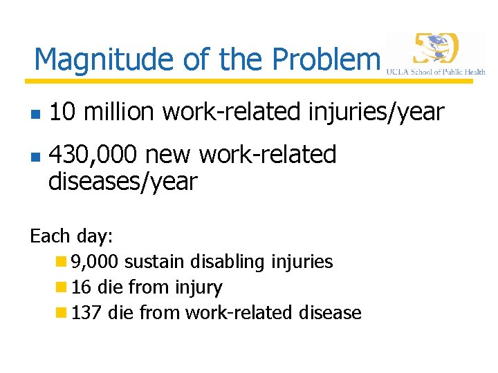 Magnitude of the Problem n n 10 million work-related injuries/year 430, 000 new work-related