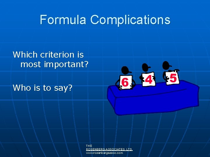 Formula Complications Which criterion is most important? Who is to say? THE ROSENBERG ASSOCIATES