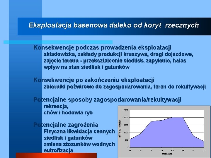 Eksploatacja basenowa daleko od koryt rzecznych Konsekwencje podczas prowadzenia eksploatacji składowiska, zakłady produkcji kruszywa,