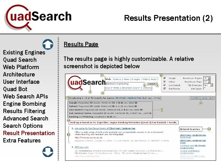 Results Presentation (2) Results Page Existing Engines Quad Search Web Platform Architecture User Interface