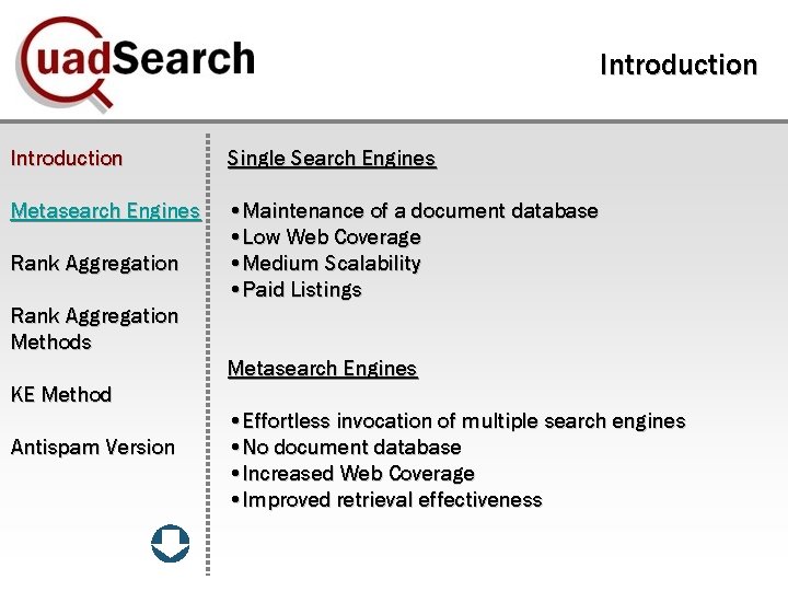 Introduction Single Search Engines Metasearch Engines • Maintenance of a document database • Low