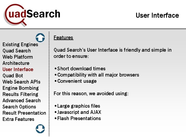 User Interface Features Existing Engines Quad Search Web Platform Architecture User Interface Quad Bot