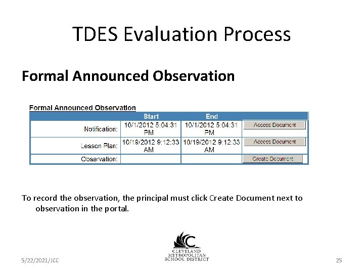 TDES Evaluation Process Formal Announced Observation To record the observation, the principal must click TDES Evaluation Process Formal Announced Observation To record the observation, the principal must click