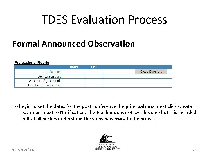 TDES Evaluation Process Formal Announced Observation To begin to set the dates for the TDES Evaluation Process Formal Announced Observation To begin to set the dates for the