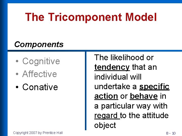 The Tricomponent Model Components • Cognitive • Affective • Conative Copyright 2007 by Prentice