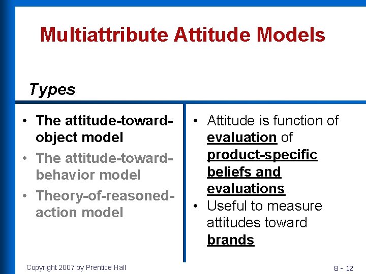 Multiattribute Attitude Models Types • The attitude-towardobject model • The attitude-towardbehavior model • Theory-of-reasonedaction