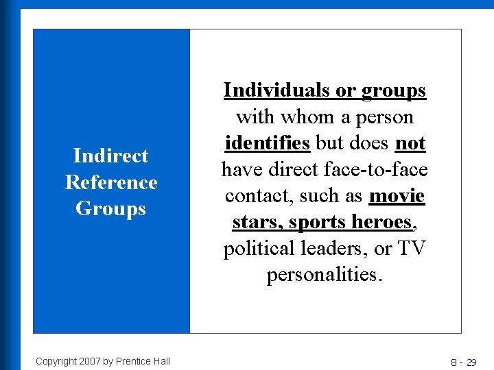 Indirect Reference Groups Copyright 2007 by Prentice Hall Individuals or groups with whom a