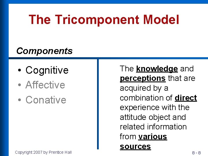 The Tricomponent Model Components • Cognitive • Affective • Conative Copyright 2007 by Prentice