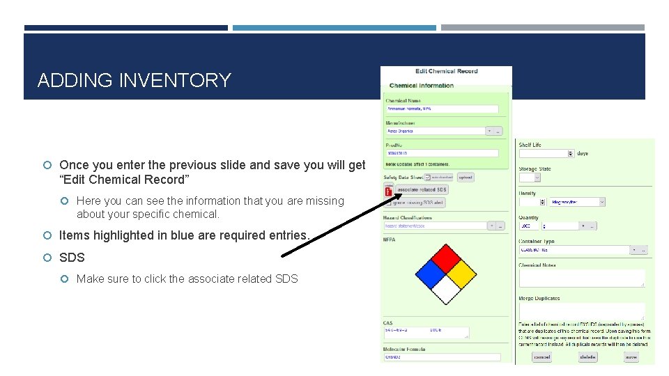 ADDING INVENTORY Once you enter the previous slide and save you will get “Edit