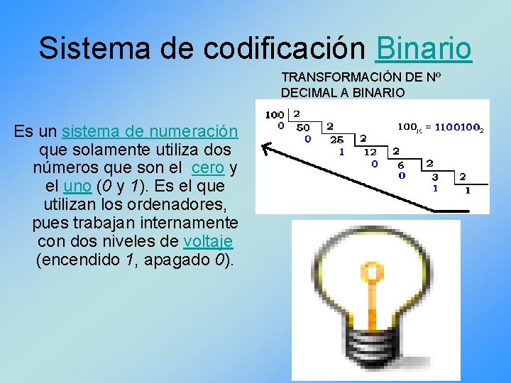 Sistema de codificación Binario TRANSFORMACIÓN DE Nº DECIMAL A BINARIO Es un sistema de