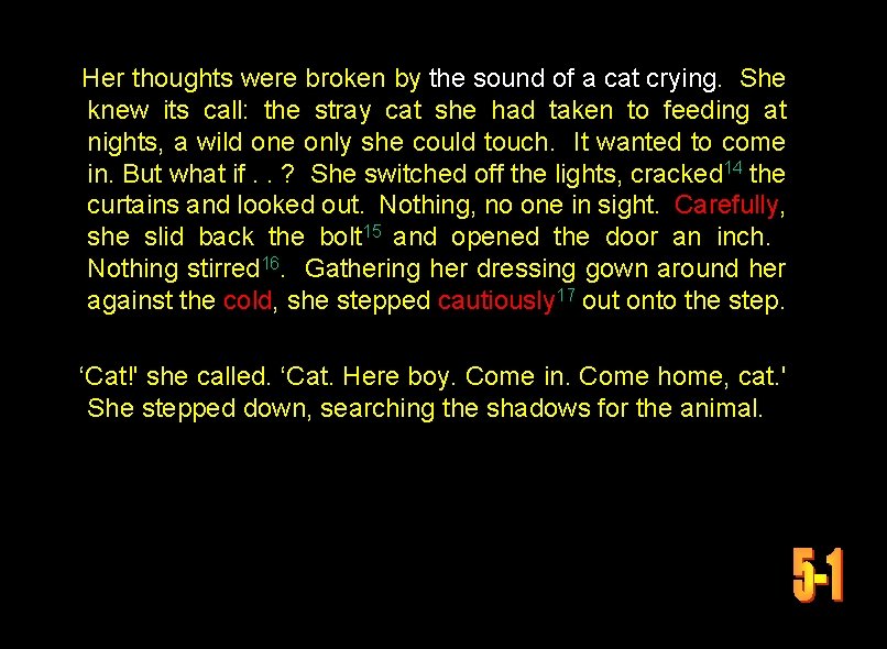 Her thoughts were broken by the sound of a cat crying. She knew its