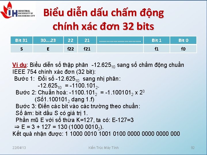 Biểu diễn dấu chấm động chính xác đơn 32 bits Bit 31 30…. 23