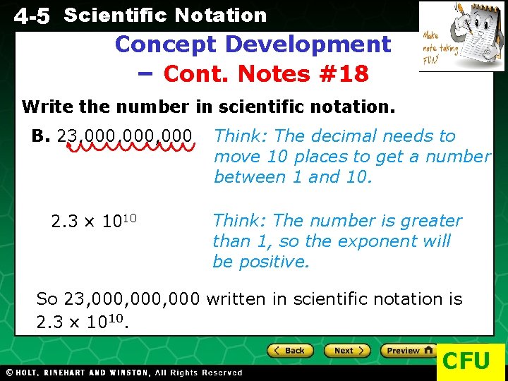 4 -5 Scientific Notation Concept Development – Cont. Notes #18 Evaluating Algebraic Expressions Write