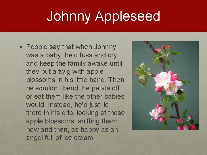 Johnny Appleseed • People say that when Johnny was a baby, he’d fuss and