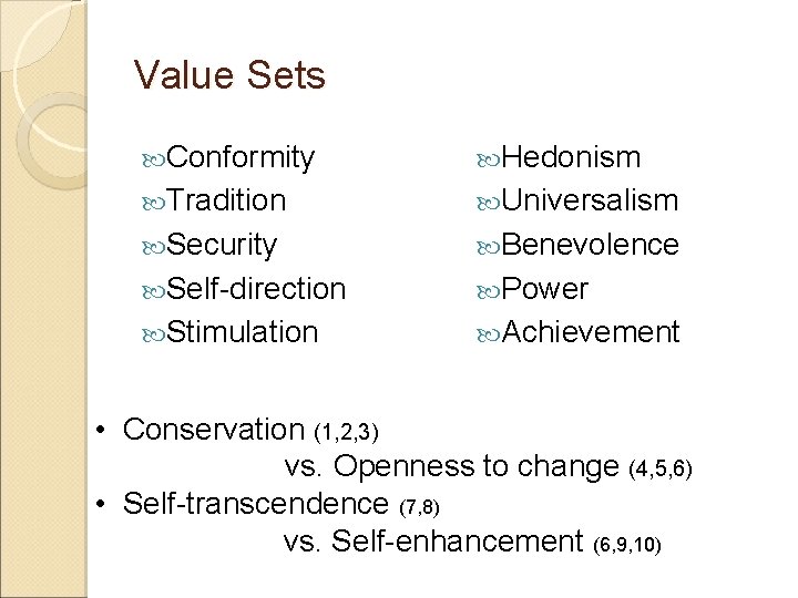 Value Sets Conformity Hedonism Tradition Universalism Security Benevolence Self-direction Power Stimulation Achievement • Conservation