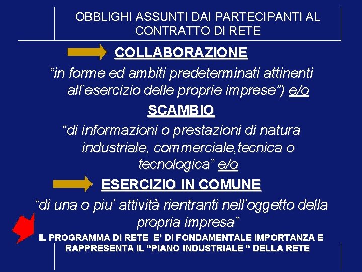 OBBLIGHI ASSUNTI DAI PARTECIPANTI AL CONTRATTO DI RETE COLLABORAZIONE “in forme ed ambiti predeterminati