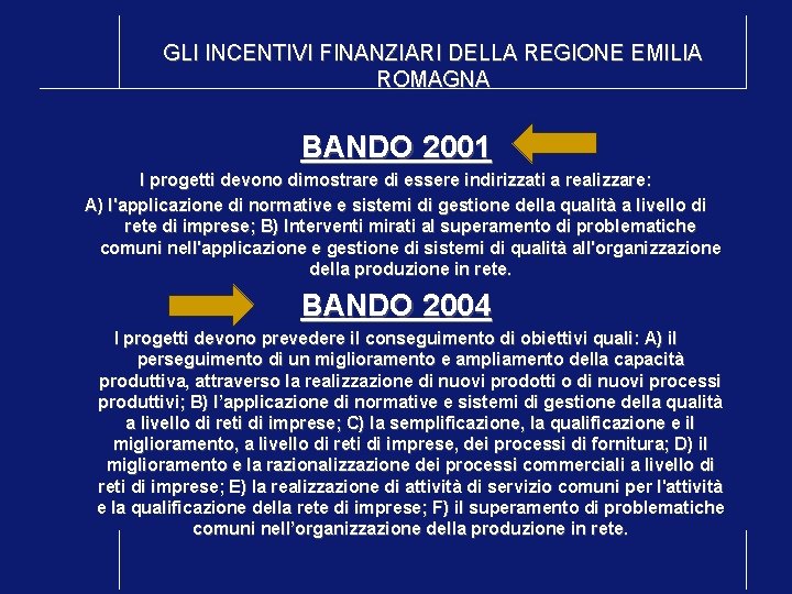 GLI INCENTIVI FINANZIARI DELLA REGIONE EMILIA ROMAGNA BANDO 2001 I progetti devono dimostrare di