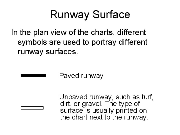 Runway Surface In the plan view of the charts, different symbols are used to