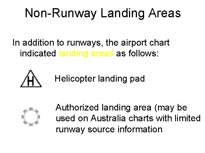 Non-Runway Landing Areas In addition to runways, the airport chart indicated landing areas as