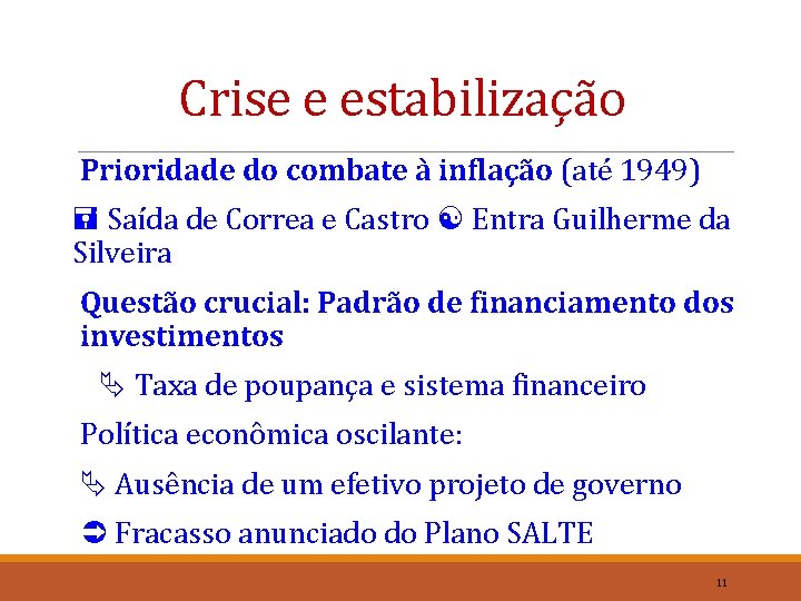 Crise e estabilização Prioridade do combate à inflação (até 1949) Saída de Correa e