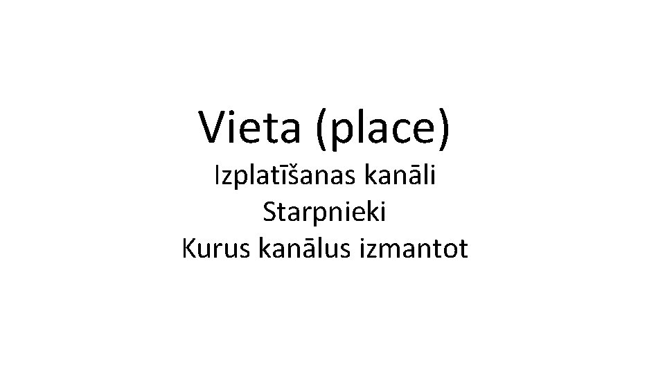 Vieta (place) Izplatīšanas kanāli Starpnieki Kurus kanālus izmantot 