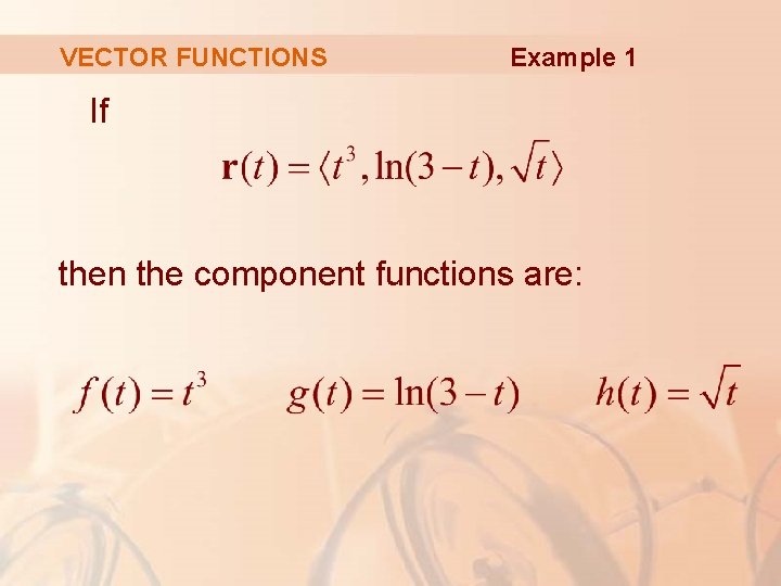 VECTOR FUNCTIONS Example 1 If then the component functions are: 