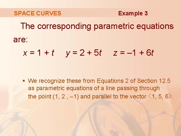 Example 3 SPACE CURVES The corresponding parametric equations are: x=1+t y = 2 +