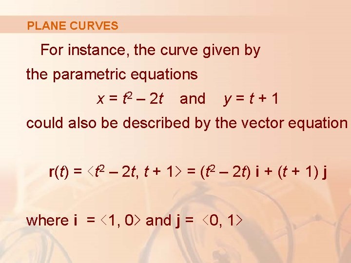 PLANE CURVES For instance, the curve given by the parametric equations x = t