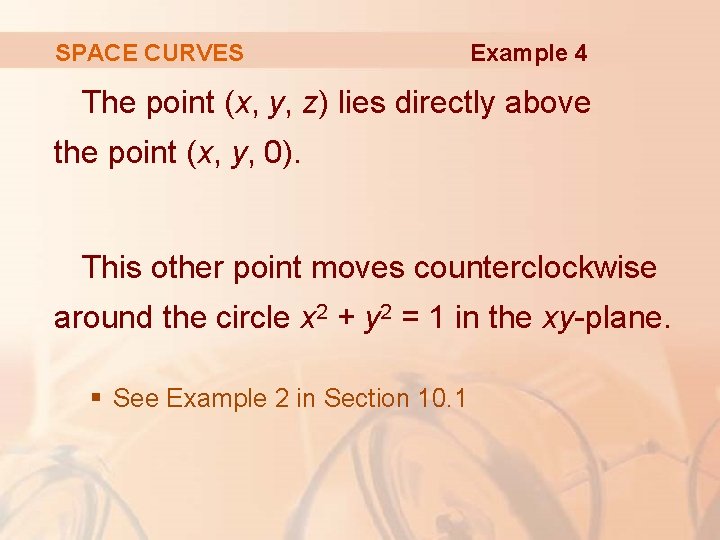 SPACE CURVES Example 4 The point (x, y, z) lies directly above the point