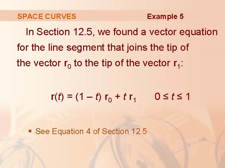 SPACE CURVES Example 5 In Section 12. 5, we found a vector equation for