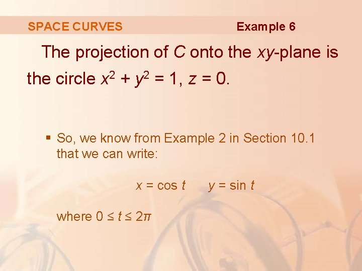 Example 6 SPACE CURVES The projection of C onto the xy-plane is the circle