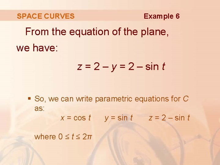 Example 6 SPACE CURVES From the equation of the plane, we have: z =
