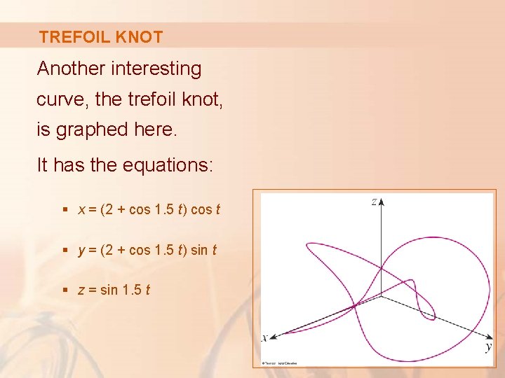 TREFOIL KNOT Another interesting curve, the trefoil knot, is graphed here. It has the