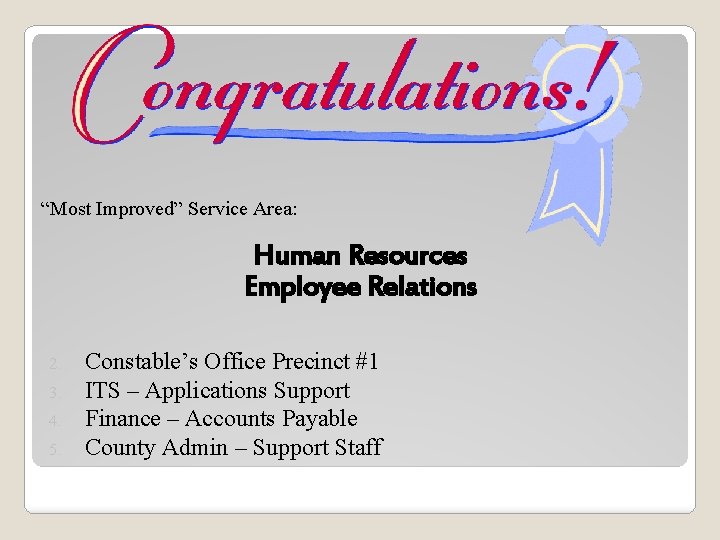 “Most Improved” Service Area: Human Resources Employee Relations 2. 3. 4. 5. Constable’s Office