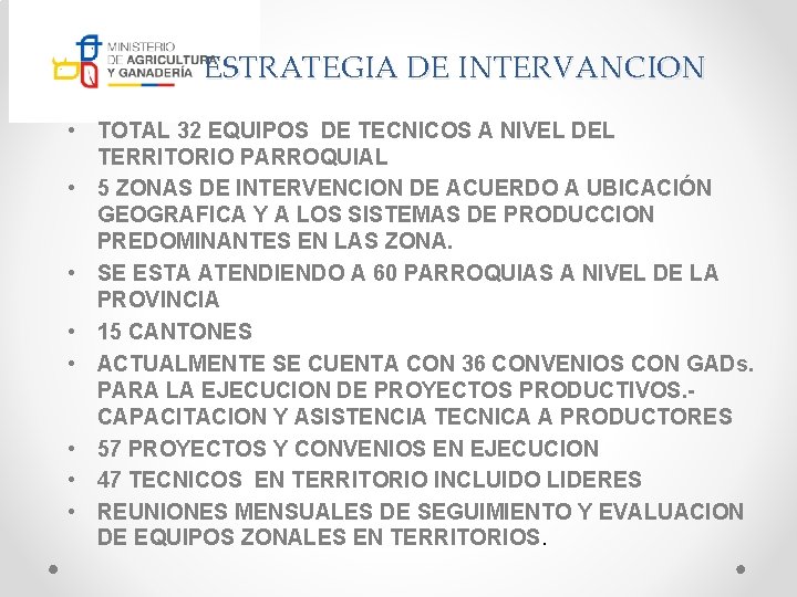 ESTRATEGIA DE INTERVANCION • TOTAL 32 EQUIPOS DE TECNICOS A NIVEL DEL TERRITORIO PARROQUIAL