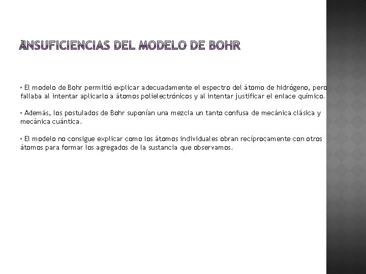 El modelo de Bohr permitió explicar adecuadamente el espectro del átomo de hidrógeno, pero