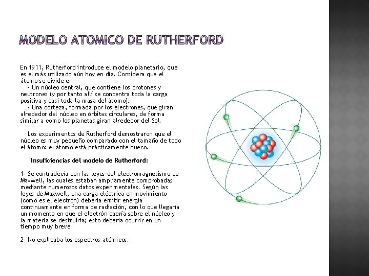 En 1911, Rutherford introduce el modelo planetario, que es el más utilizado aún hoy