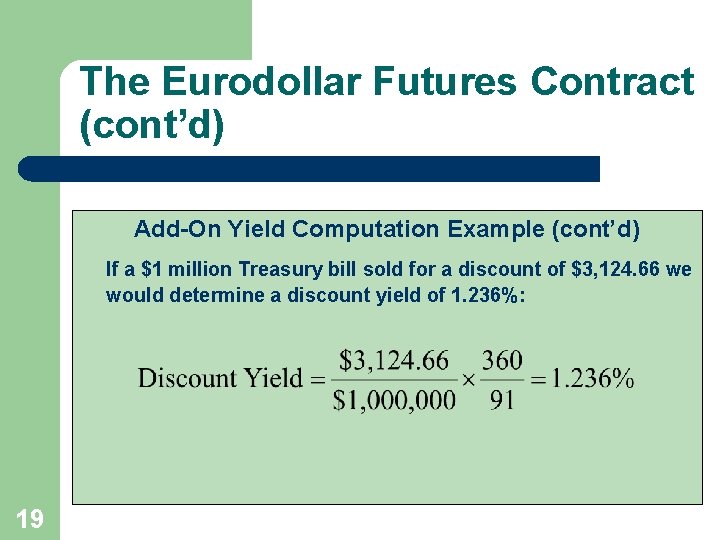 The Eurodollar Futures Contract (cont’d) Add-On Yield Computation Example (cont’d) If a $1 million