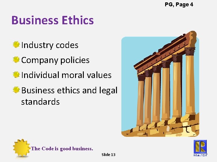 PG, Page 4 Business Ethics Industry codes Company policies Individual moral values Business ethics