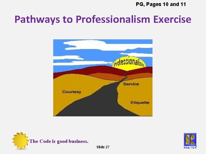 PG, Pages 10 and 11 Pathways to Professionalism Exercise The Code is good business.