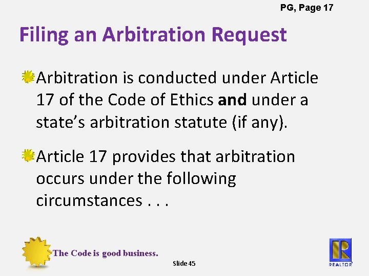 PG, Page 17 Filing an Arbitration Request Arbitration is conducted under Article 17 of