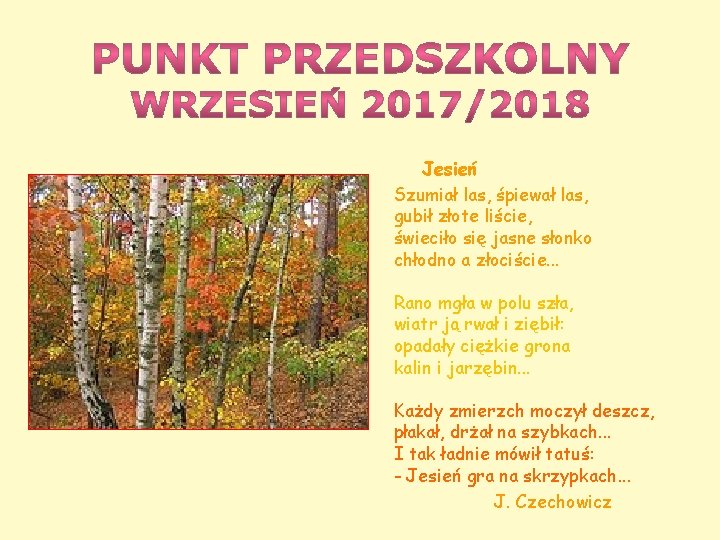 Jesień Szumiał las, śpiewał las, gubił złote liście, świeciło się jasne słonko chłodno a