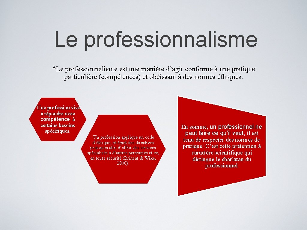 Le professionnalisme *Le professionnalisme est une manière d’agir conforme à une pratique particulière (compétences)