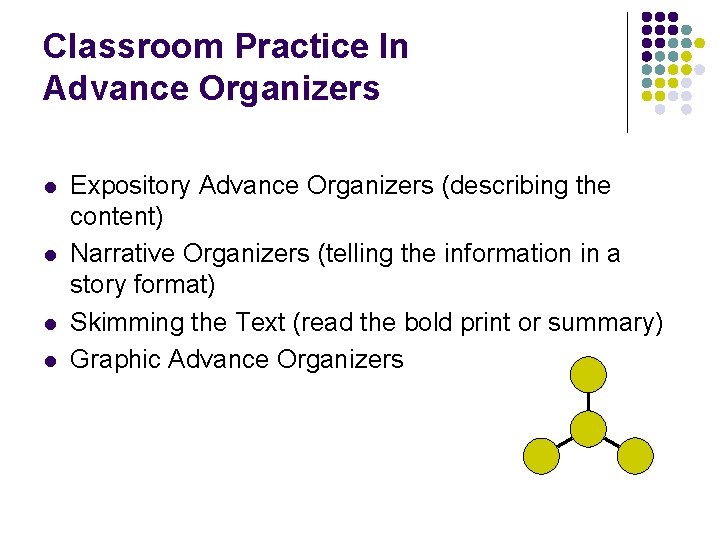 Classroom Practice In Advance Organizers l l Expository Advance Organizers (describing the content) Narrative