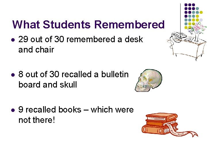 What Students Remembered l 29 out of 30 remembered a desk and chair l