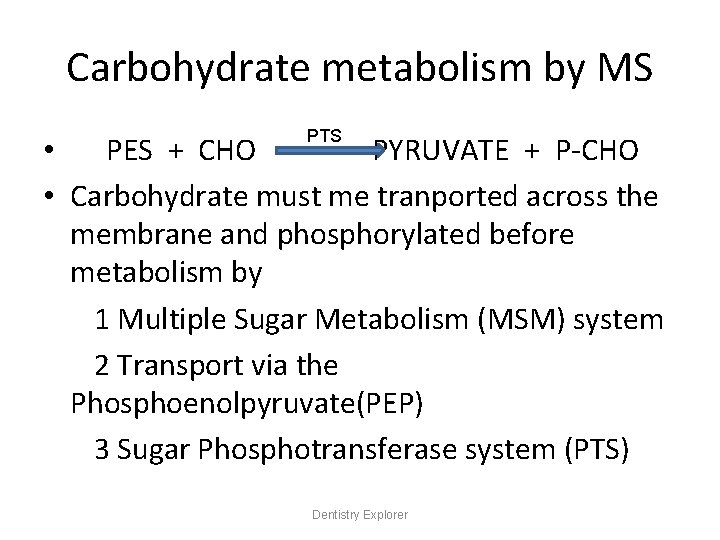 Carbohydrate metabolism by MS PTS • PES + CHO PYRUVATE + P-CHO • Carbohydrate