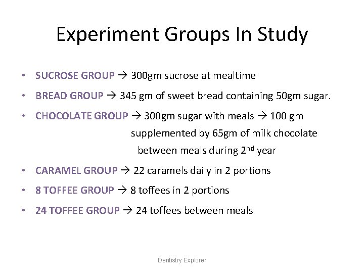Experiment Groups In Study • SUCROSE GROUP 300 gm sucrose at mealtime • BREAD