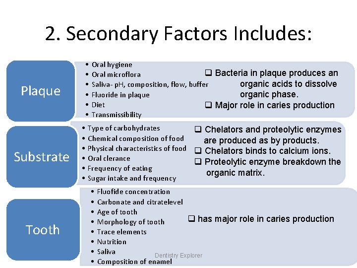 2. Secondary Factors Includes: Plaque Substrate Tooth • • • Oral hygiene q Bacteria