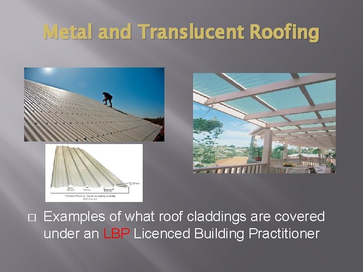 Metal and Translucent Roofing � Examples of what roof claddings are covered under an