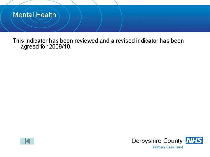 Mental Health This indicator has been reviewed and a revised indicator has been agreed